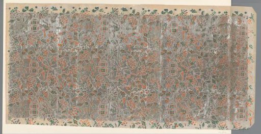 Sheet with scattered pattern of birds, flowers, insects and hanging baskets among vines