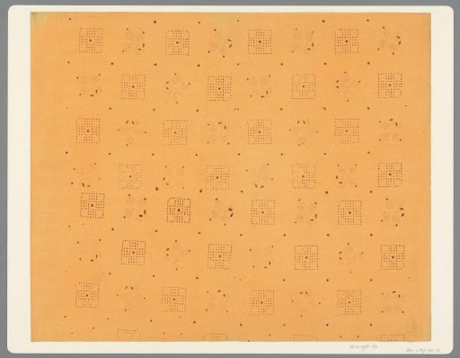 Sheet with dots and leaves over an alternating stripe pattern of squares and a floral motif of points