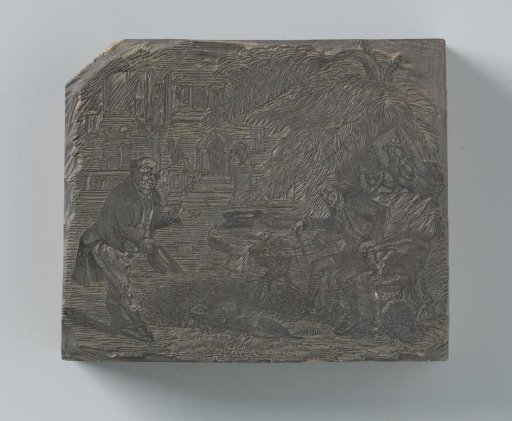 Scene in a garden between an old man in a chair and a bowing man