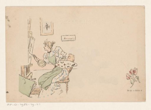Postcard with a painting woman and a flower
