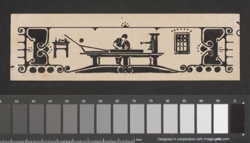 Design for a title page with a man at a worktable