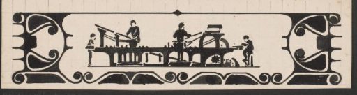 Design for a title page with four figures in a production line
