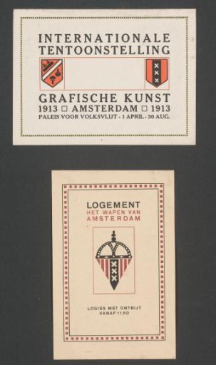 Advertisements for the International Exhibition of Graphic Art in Amsterdam and lodging Het Wapen van Amsterdam