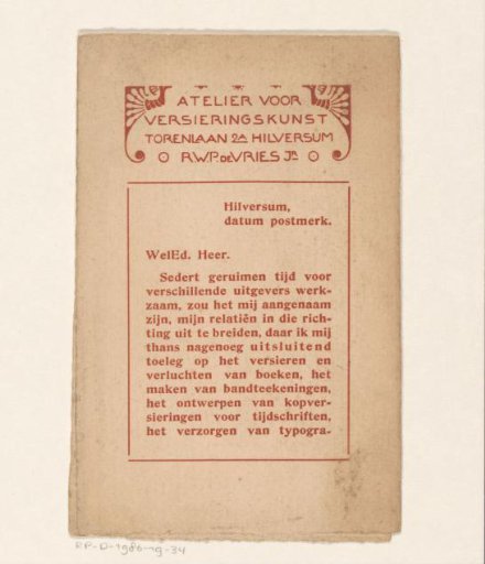 Advertisement Card for the Atelier for Ornamental Art by R.W.P. de Vries Jr.