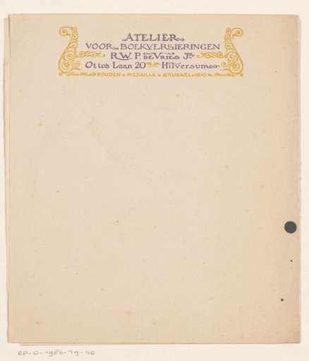 Letterhead of the Workshop for Book Ornamentation R.W.P. de Vries Jr.
