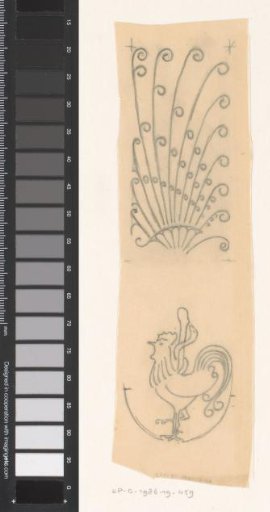 Stylized rooster and feathers