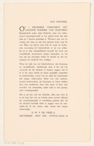 Farewell Letter from R.W.P. de Vries Jr. as Editor of Elsevier's Maandschrift