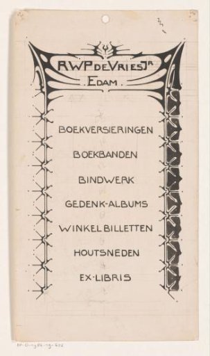 Design for an advertisement for R.W.P. de Vries Jr. in Edam