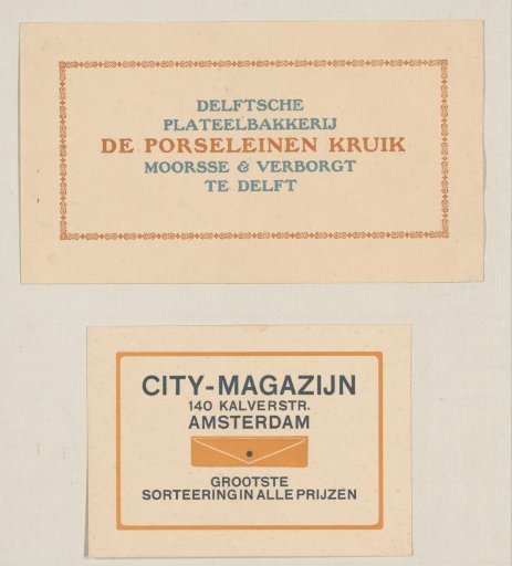 Advertisements for Delft Pottery Factory De Porseleinen Kruik and City-Magazine Amsterdam