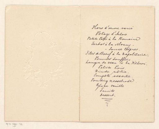 Menu card for a dinner on 27 July 1899