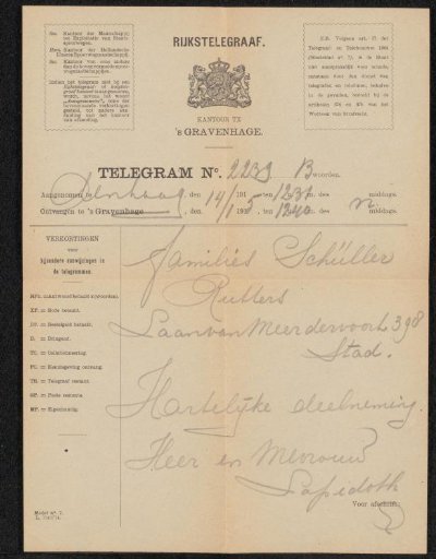 Telegram to the Schüller and Rutters families