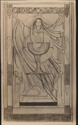Photographic reproduction of a drawing depicting a design for a poster for the 27th International Eucharistic Congress