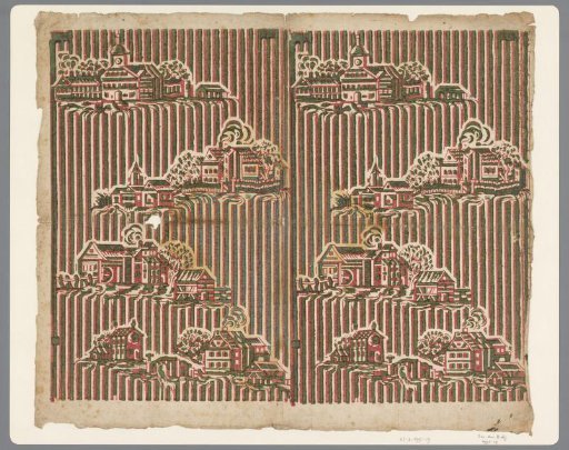 Sheet with various buildings on a striped background