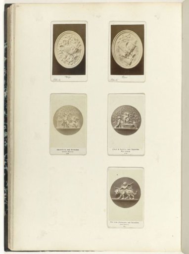 Five cartes-de-visite with two oval and three round ornaments