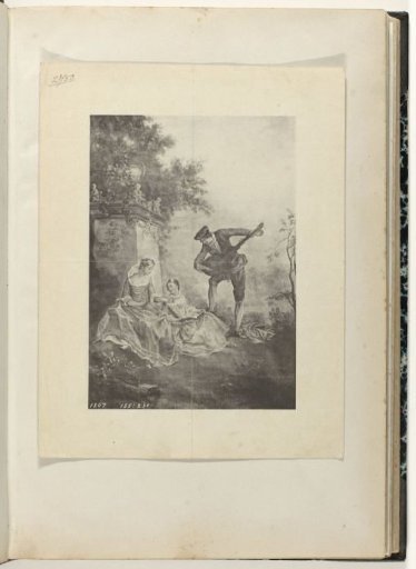 Two seated women and a man playing a lute