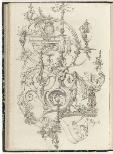 Scrollwork with objects and figures
