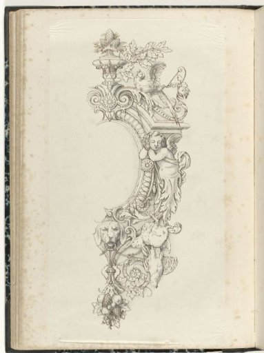 Half cartouche with a putto and animals