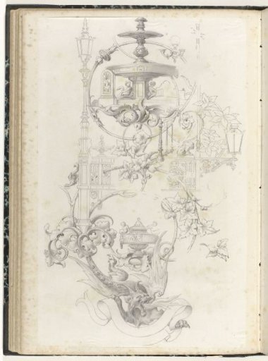 Architectural elements between leaf scrolls