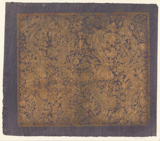 Sheet with four winding bands wrapped with scrolling vines with flowers and fruit