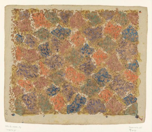 Sheet with small scrolling vines with flowers and fruit