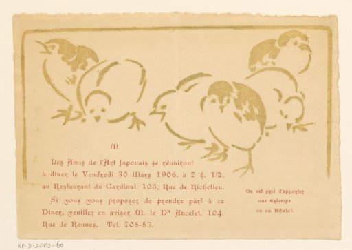 Invitation to a dinner of Les Amis de l'Art Japonais, 30 March 1906