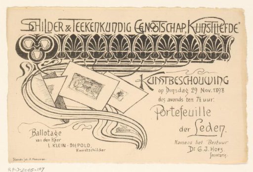 Invitation of the Painter and Drawing Society "Kunstliefde" for an art viewing, 29 November 1898
