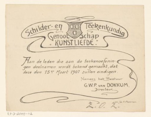 Notification by the Painter and Drawing Society "Kunstliefde", 1907