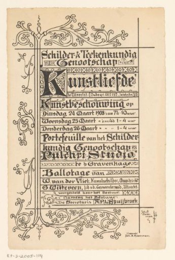 Invitation of the Painter and Drawing Society "Kunstliefde" for an art viewing, 24-26 March 1908