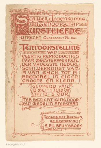 Invitation of the Painter and Drawing Society "Kunstliefde" for an exhibition of reproductions, 13 May - 1 June 1908