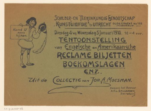 Invitation of the Painter and Drawing Society "Kunstliefde" for an exhibition of English and American advertising cards and book covers, 4-5 January 1910