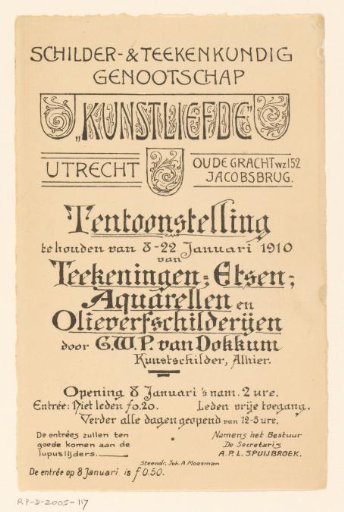 Invitation of the Painter and Drawing Society "Kunstliefde" for an exhibition of drawings, etchings, watercolours and oil paintings by the painter G.W.P. van Dokkum, 8-22 January 1910