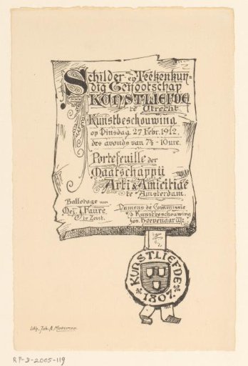 Invitation of the Painter and Drawing Society "Kunstliefde" for an art viewing, 27 February 1912