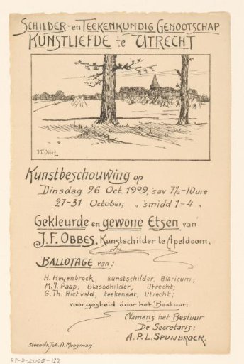 Invitation of the Painter and Drawing Society "Kunstliefde" for an art viewing, 26-31 October 1909