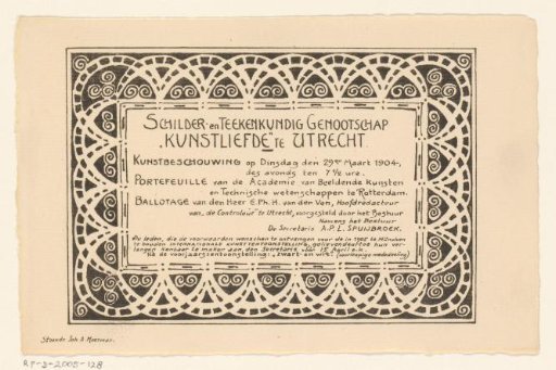 Invitation of the Painter and Drawing Society "Kunstliefde" for an art viewing, 29 March 1904