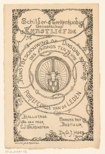 Invitation of the Painter and Drawing Society "Kunstliefde" for an art viewing, 30 November 1897