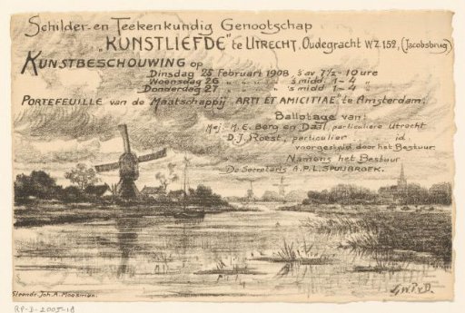 Invitation of the Painter and Drawing Society "Kunstliefde" for an art viewing, 25-27 February 1908