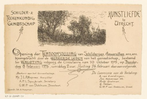 Invitation of the Painter and Drawing Society "Kunstliefde" for the opening of the exhibition of works brought together by the working members of the society, 8 February 1906