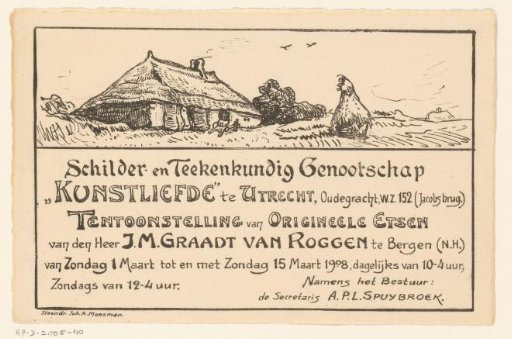Invitation of the Painter and Drawing Society "Kunstliefde" for the exhibition of etchings by J.M. Graadt van Roggen in Bergen, 1-15 March 1908