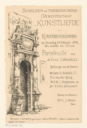 Invitation of the Painter and Drawing Society "Kunstliefde" for an art viewing, 25 February 1896