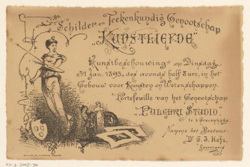 Invitation of the Painter and Drawing Society "Kunstliefde" for an art viewing, 31 January 1893
