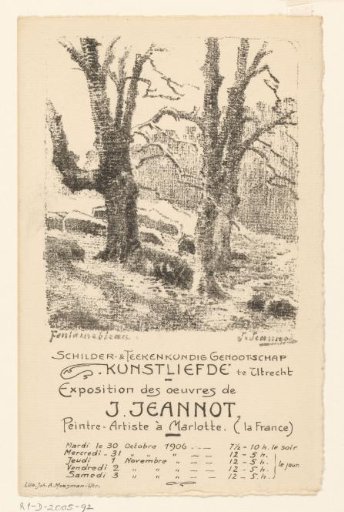 Invitation of the Painter and Drawing Society "Kunstliefde" for the exhibition of the work of Joseph Jeannot, 30 October - 3 November 1906
