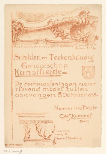 Invitation of the Painter and Drawing Society "Kunstliefde" for 'drawing exercises from the live model' on 8 October 1900