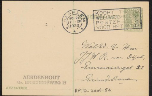 Postcard to Mr. J.J.W.B. van Dijck