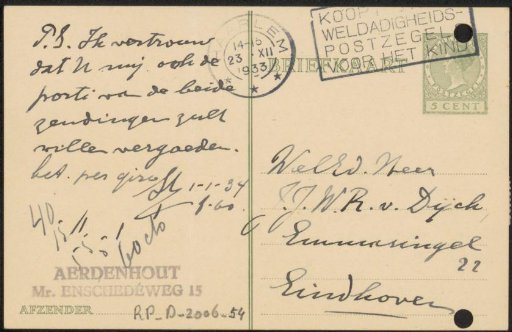 Postcard to Mr. J.J.W.B. van Dijck