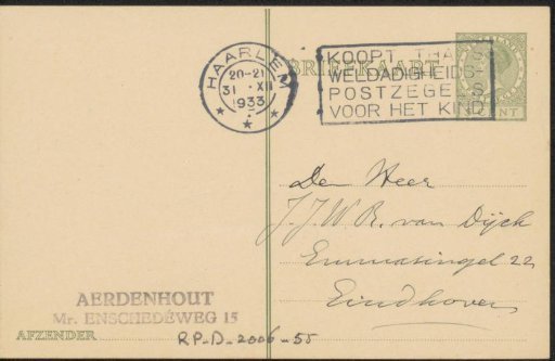 Postcard to Mr. J.J.W.B. van Dijck
