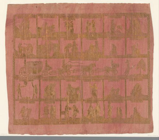 Sheet with five rows of scenes with Bonaparte's traveling carriage in the center