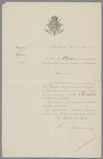 Letter addressed to Eduard Isaac Asser in which the Belgian Minister of War congratulates him on the Order of Leopold