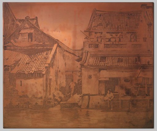 Batavia. Houses along the canal, a washerwoman on the steps of a house to the right