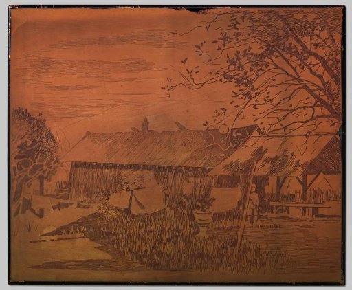 Drawing, long outbuilding, drying laundry in the foreground