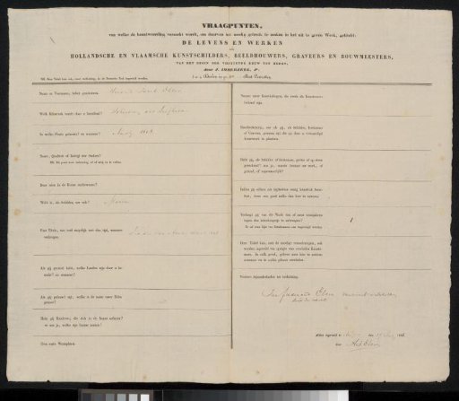 Questionnaire filled out by Hendrik Jacob Elzer